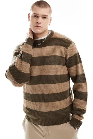 Another Influence Chunky stripe round neck jumper in brown