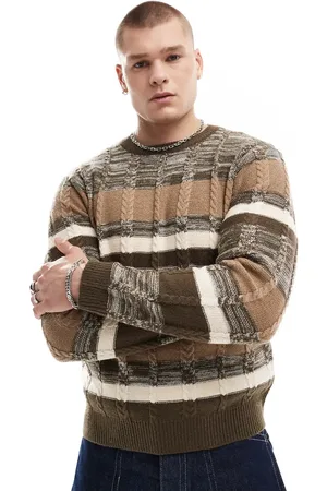 Another Influence Mix match stripe round neck jumper in brown