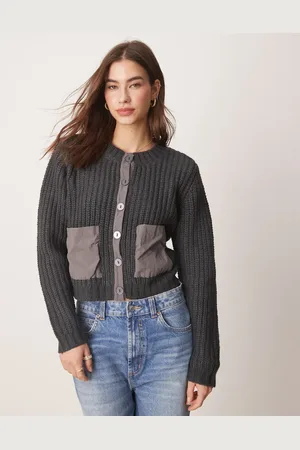 VILA Thick rib cardigan with contrast pockets and placket detail in grey