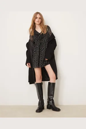 New Look Tie front chiffon mini dress in black spot