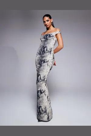 Murci Off shoulder bodycon maxi dress in grey print-Multi