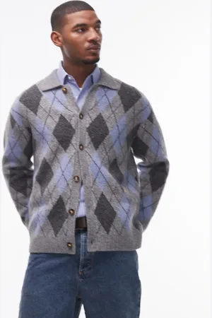 Topman Collared cardigan in & blue argyle