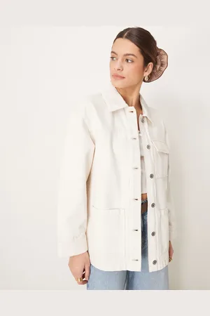 Abercrombie & Fitch Utility shacket with leather collar in beige-White