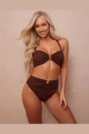 Wolf & Whistle Fuller Bust x Abby Benson gold trim detail bikini top in crinkle