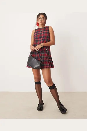 Neon Rose Tartan pinny dress in -Red