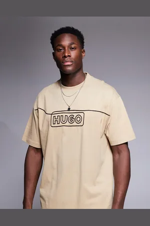 Hugo Blue Noideryo loose fit t-shirt wih line print logo in beige-Neutral