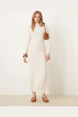 VILA Long sleeve high neck textured maxi dress in cream-Neutral