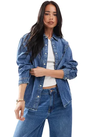 ONLY Western detail denim shirt in mid blue