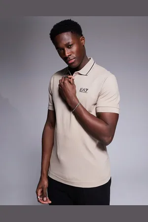 EA7 Armani short sleeve tipped logo polo shirt in beige-Neutral