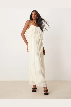 VILA Pleated ruffle layer cami maxi dress in cream-White