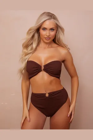 Wolf & Whistle Fuller Bust x Abby Benson high waist bikini bottoms with gold trim detail in crinkle