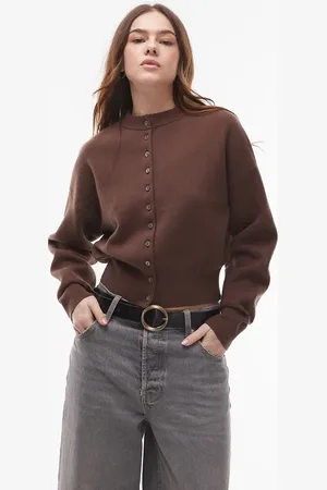 Topshop Knitted compact fitted waist cardi in -Brown