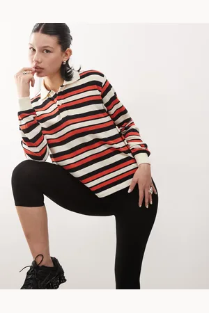 Lioness Long sleeve collared rugby polo top in red stripe-Multi