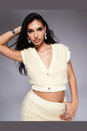 ASOS Textured knit cropped cardigan with embellished buttons in buttermilk (part of a set)
