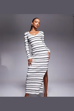 Kaiia Exclusive knitted v neck side split maxi dress in white and black brushed stripe-Multi
