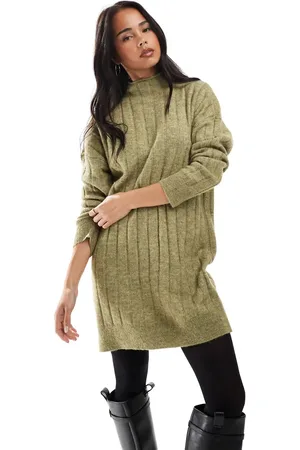 VERO MODA Oversized ribbed knitted mini dress in green melange