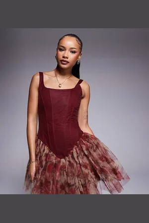 Lace & Beads Drop hem corset mini dress in burgundy rose floral-Red