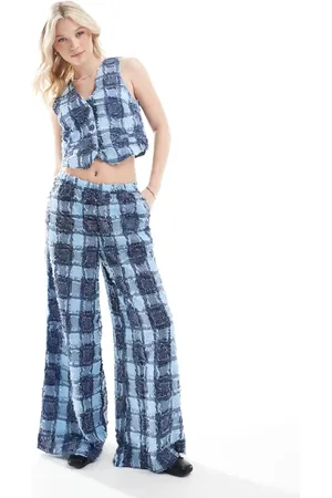 VERO MODA Textured check wide leg pants in blue denim mix (part of a set)