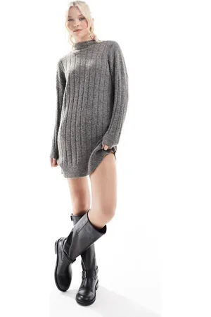 VERO MODA Oversized ribbed knitted mini dress in dark grey melange