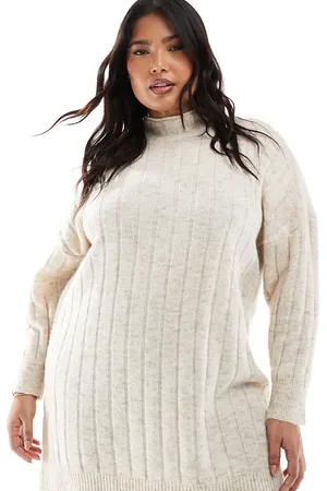 VERO MODA Oversized ribbed knitted mini dress in melange-White