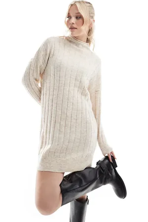VERO MODA Oversized ribbed knitted mini dress in cream melange-White