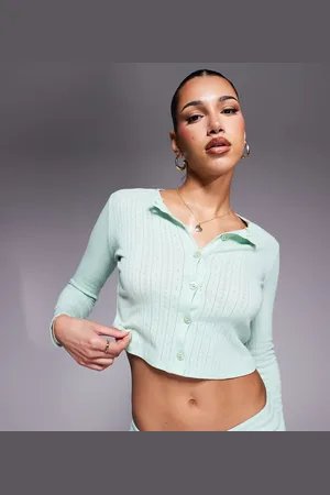 Kaiia Exclusive pointelle button through pyjama top in (part of a set)-Green