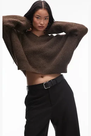 Nialaya Freya chunky knitted v-neck jumper in brown marl