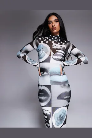 AFRM Shailene mock neck midi dress with detachable lining in mono pop art-Multi