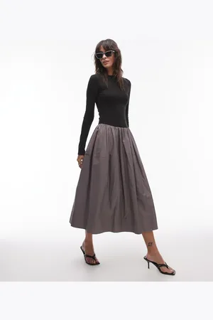 Nialaya Pixi long sleeve volume midaxi dress in black and grey