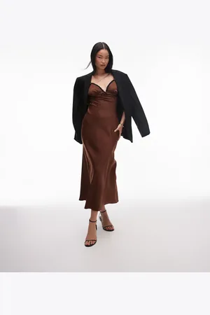 Nialaya Camille satin cami maxi dress in brown