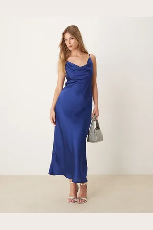 New Look Cowl neck satin midi dress in mid blue