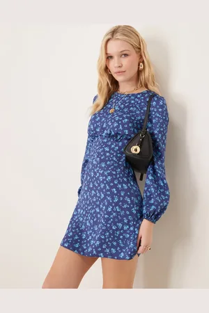 New Look Satin floral long sleeve mini dress in blue