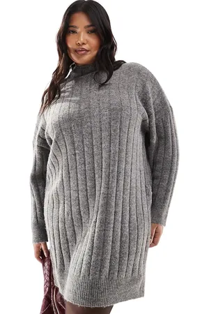 VERO MODA Oversized ribbed knitted mini dress in dark grey melange