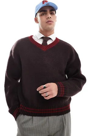 Cotton On Cotton On v neck knit jumper in brown and red-Green