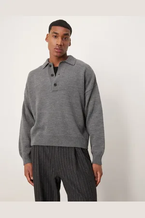ASOS Oversized deep notch knitted polo in grey