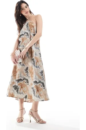 Object Satin halter maxi dress in neutral tie dye print-Multi