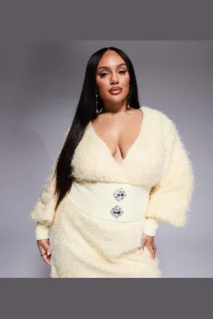 ASOS Curve fluffy textured cardigan with embellished buttons in buttermilk (part of a set)