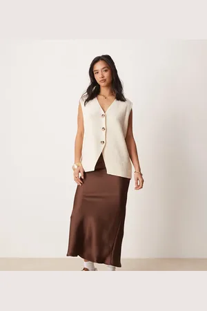 New Look Satin midi bias skirt in brown