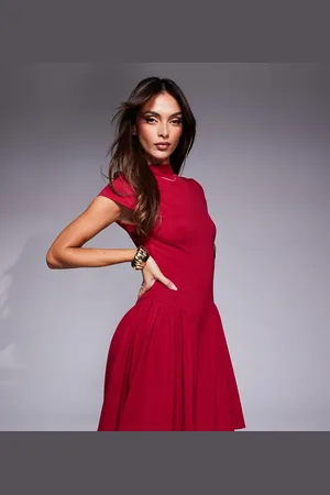 Kaiia Exclusive high neck cap sleeve pleated mini dress in