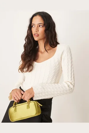 Gina Tricot Cable knit fitted sweater with sweetheart neck in -White