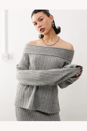 COLLUSION Knitted ribbed off the shoulder jumper in (part of a set)-Grey