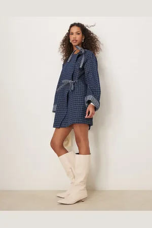 Ghospell Bow detail check denim mini dress in blue