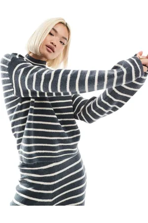 Pieces® High neck jumper in grey blue stripe (part of a set)-Multi