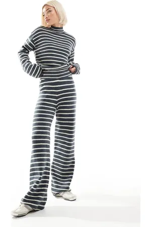 Pieces® Knitted wide leg trackies in grey blue stripe (part of a set)-Multi