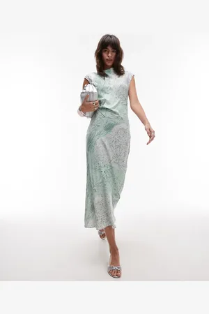 & OTHER STORIES Bias cut satin midi dress with drape detail in green oil print