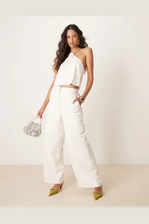 Y.A.S Wide leg satin pants in white (part of a set)
