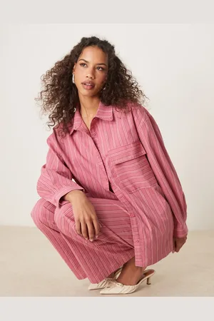 Ghospell Oversized pocket shirt in pink stripe (part of a set)