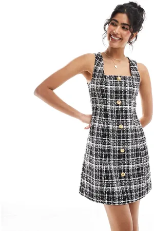 Miss Selfridge Boucle pinny dress in mono check-Black