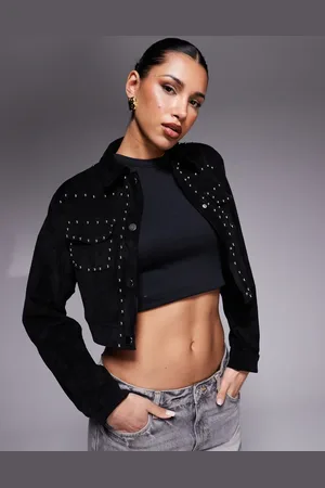 Liquor N Poker Studded pocket detail faux suede jacket in