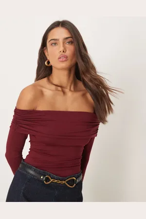 Miss Selfridge Long sleeve bardot bodysuit in -Red